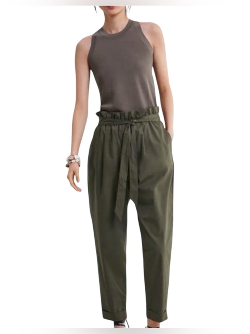 Zara Poplin Paperbag Waist Belted Pants Olive Green Cuffed Size Small